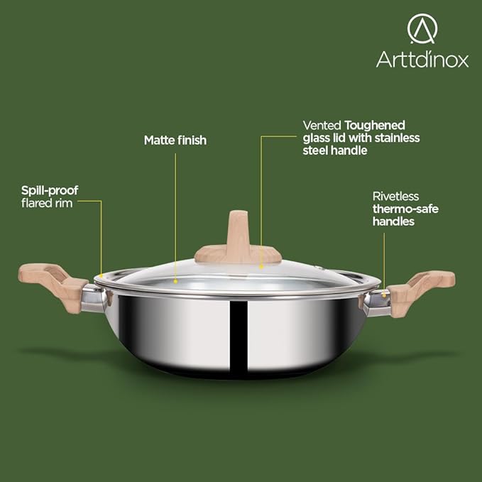 Arttdinox Timber Triply Stainless Steel Kadai | Triply Kadhai With Lid | 24cm | 2.7 Ltr | Jindal Stainless | Silver