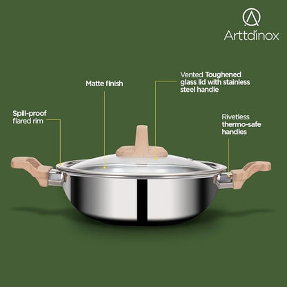 Arttdinox Timber Triply Stainless Steel Kadai | Triply Kadhai With Lid | 24cm | 2.7 Ltr | Jindal Stainless | Silver