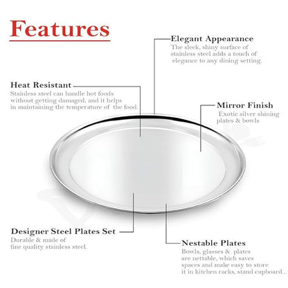 Parage 6 Pieces Stainless Steel 9 inch Heavy Gauge Raj Bhog Plate Set/Dinner Set