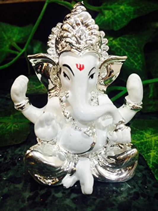 Karigaari India Lucky Car Dashboard & Gifting White Silver Ganesha