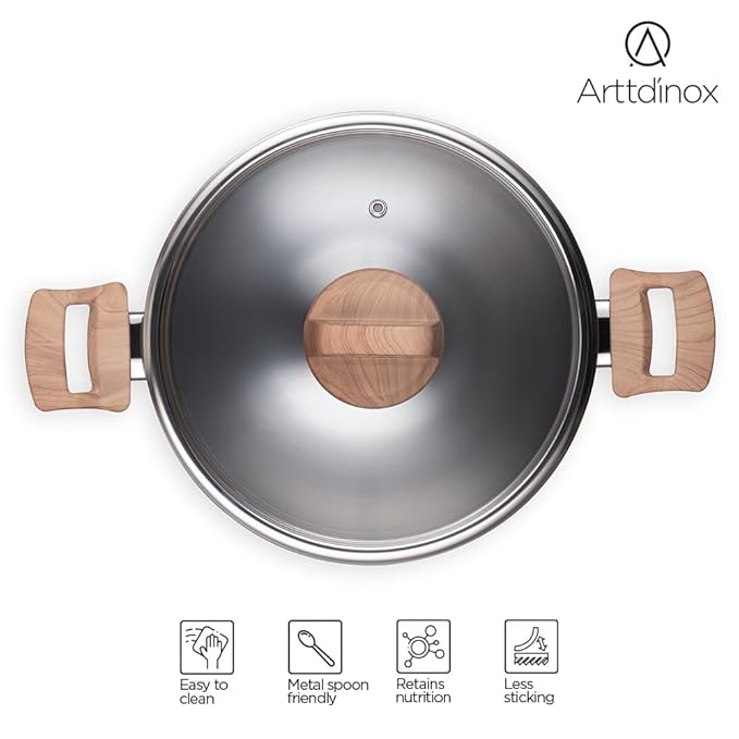 Arttdinox Timber Triply Stainless Steel Kadai | Triply Kadhai With Lid | 24cm | 2.7 Ltr | Jindal Stainless | Silver