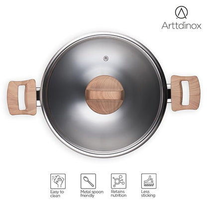 Arttdinox Timber Triply Stainless Steel Kadai | Steel Kadai for Cooking | Triply Kadai With Lid | 26cm | 3.2ltrs | Silver