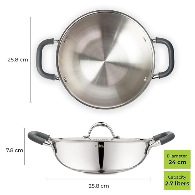 Allo Triply Stainless Steel Kadhai with Handles Perfect Kadhai for Curry Non-Stick with Lid 24cm 2.7 litres