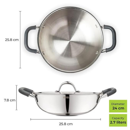 Allo Triply Stainless Steel Kadhai with Handles Perfect Kadhai for Curry Non-Stick with Lid 24cm 2.7 litres