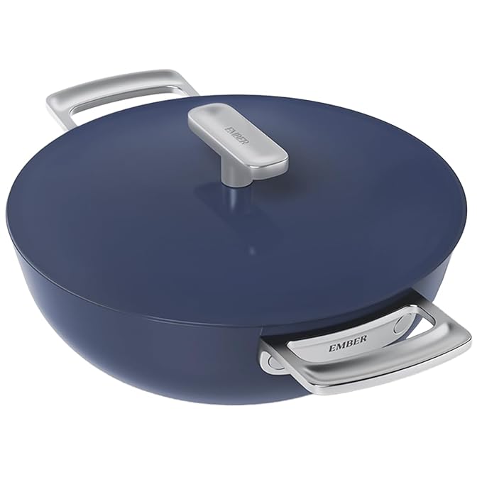 Ember Cookware Arcilla Ceramic Non Stick Kadai 24cm | Metallic Lid | Stainless Steel Handles | Capri Series | Blue