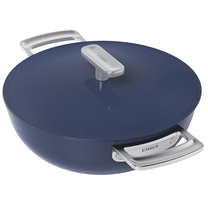 Ember Cookware Arcilla Ceramic Non Stick Kadai 24cm | Metallic Lid | Stainless Steel Handles | Capri Series | Blue