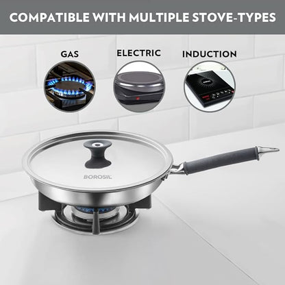 Borosil Cookfresh Tri-ply Stainless Fry Pan With Lid | Induction Friendly | 1.3 Litres | 20 Cm