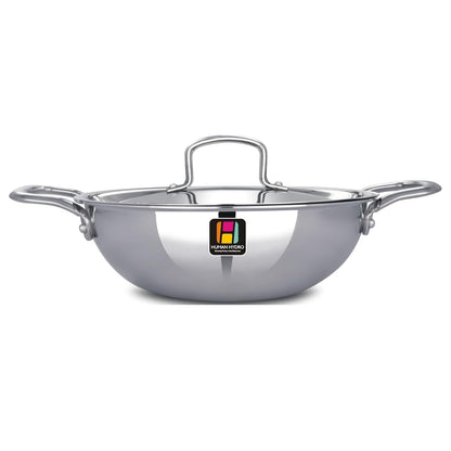 Human Hydro Tri-Ply Stainless Steel Kadai with SS Lid 22cm 2.2L Induction Gas Heavy-Duty Deep Frying