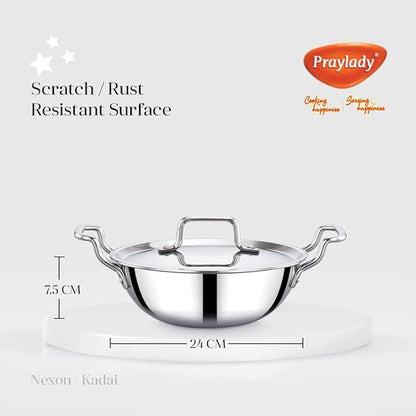 Praylady Stainless Steel Triply Kadai with Lid Nexon Series Dia 24cm 2.7L