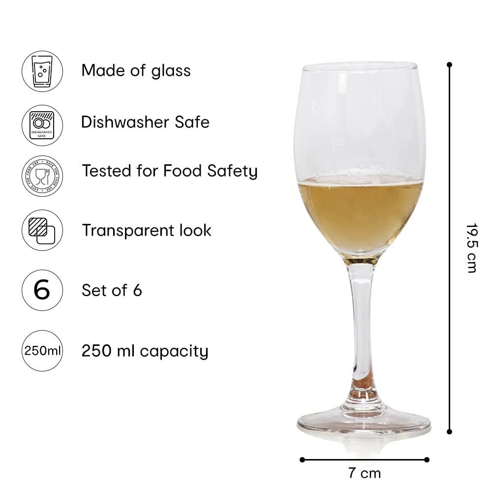 Set of 6: Classic Transparent Red/White Wine Glasses | 250ml | Dishwasher Safe