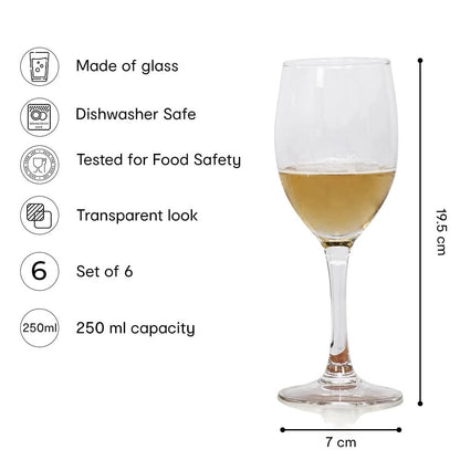Set of 6: Classic Transparent Red/White Wine Glasses | 250ml | Dishwasher Safe