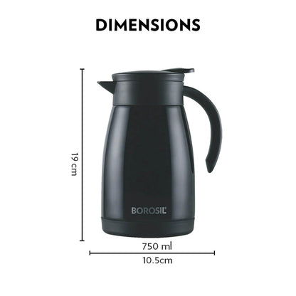 Borosil Stainless Steel 750ml Teapot With Handle | Double Wall Vacuum Insulated Thermosteel Carafe | Black