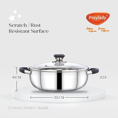 Praylady Stainless Steel 3 Ply Base Kadai with Glass Lid Ecstasy Series Dia 22cm 2.5L