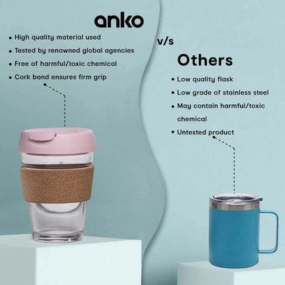 Anko 350ml Reusable Glass Travel Cup with Cork Sleeve | Eco-Friendly | BPA Free