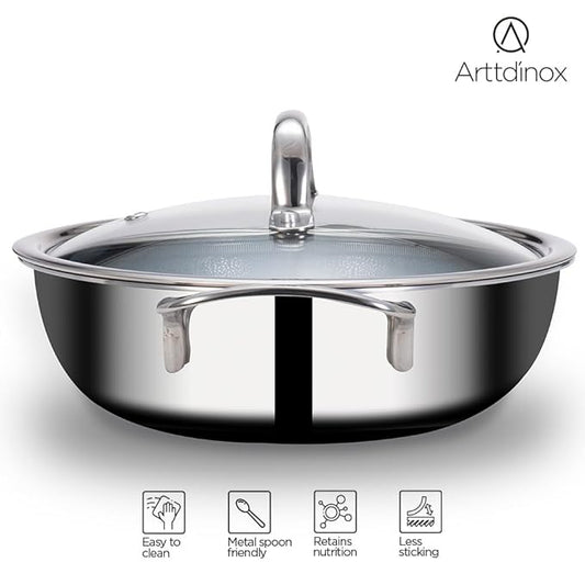 Arttdinox Stellar Triply Stainless Steel Kadhai with Lid Triply Kadai Non Stick Kadai 26cm 3.2Ltr