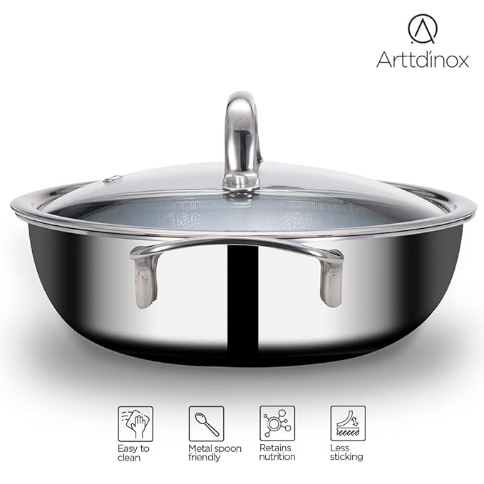 Arttdinox Stellar Triply Stainless Steel Kadhai With Lid | Non Stick Kadai | Gas & Induction Base | 22cm | 2.1ltr | Silver