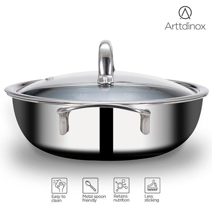 Arttdinox Stellar Triply Stainless Steel Kadhai With Lid | Non Stick Kadai | Gas & Induction Base | 22cm | 2.1ltr | Silver