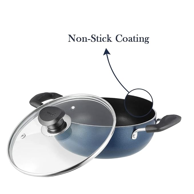 Vinod Zest Aluminium Non Stick Deep Kadhai with Glass Lid - 1.4 Litre, 18cm | 3 Layer Ceramic Coating | 3 mm Thick