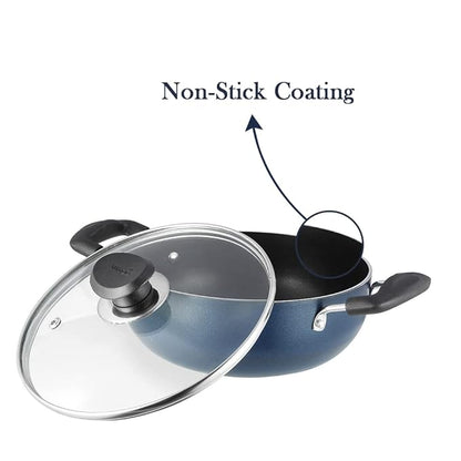 Vinod Zest Aluminium Non Stick Deep Kadhai with Glass Lid - 4.1 Litre, 26cm | 3 Layer Ceramic Coating | 3 mm Thick