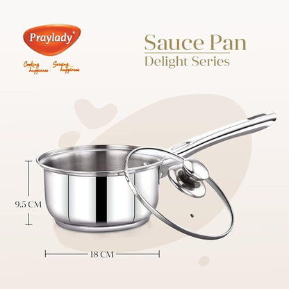 Praylady Stainless Steel 3 Ply Base Sauce Pan with Glass Lid Delight Series 18 Cm Dia Capacity 1.8 Litre Silver