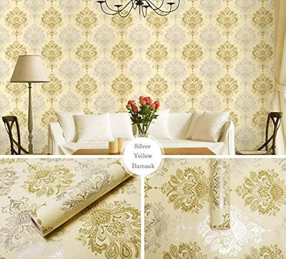 Jaamso Royals Silver & Gold Damask Peel and Stick Self Adhesive Wallpaper Wall Sticker