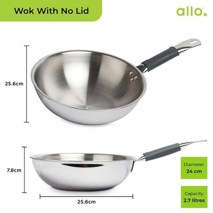 Allo Triply Stainless Steel Wok for Deep Fry Stir Fry Dry Veg 24Cm 2.7 Litre