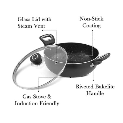 Vinod Zest Marbilo Aluminium Non Stick Deep Kadai with Glass Lid - 2.5 Litre, 24 cm | 5 Layer Coating | Soft Handle