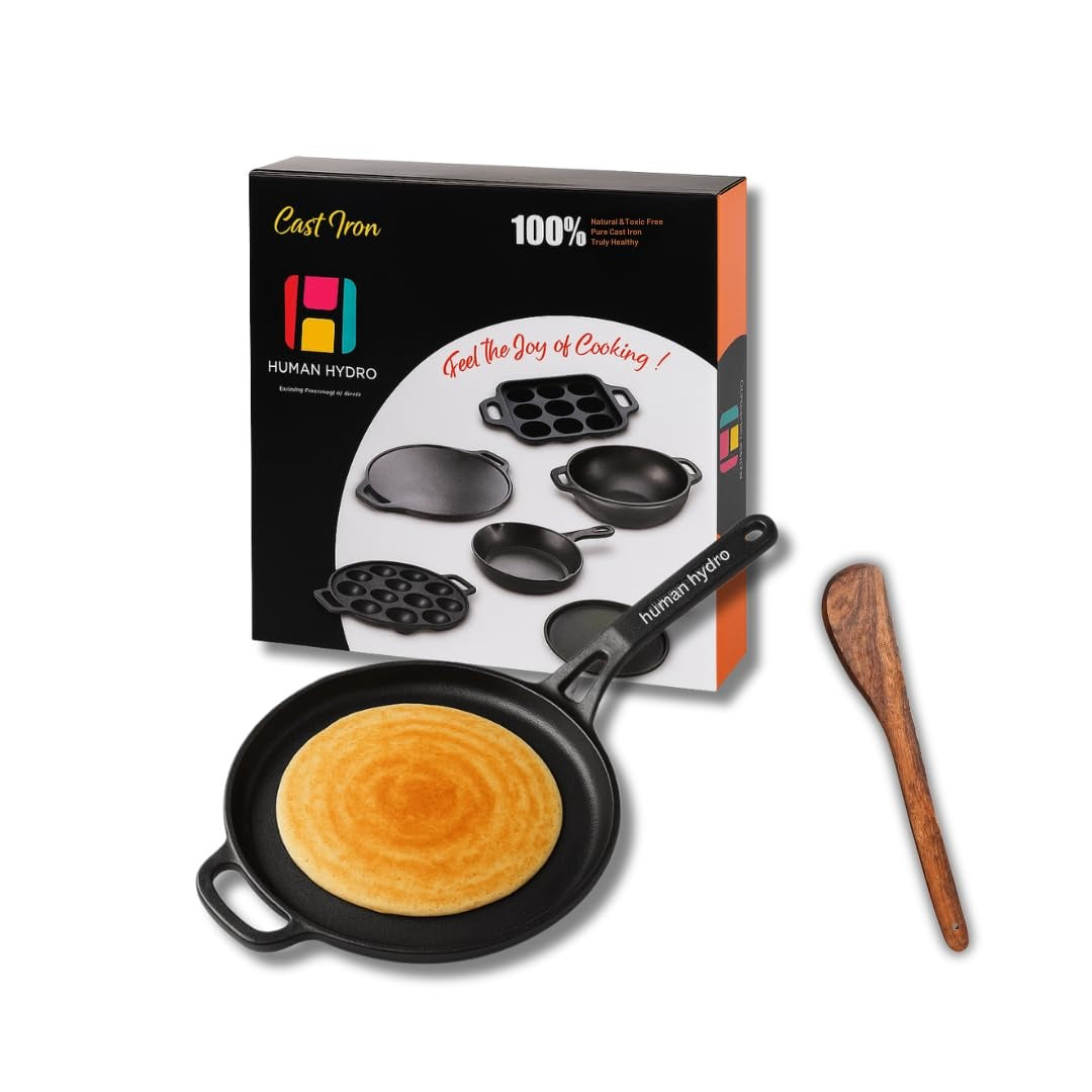 Human Hydro 28cm Cast Iron Tawa with Single Handle Flat Feather-Light Pre-Seasoned Daily Cooking