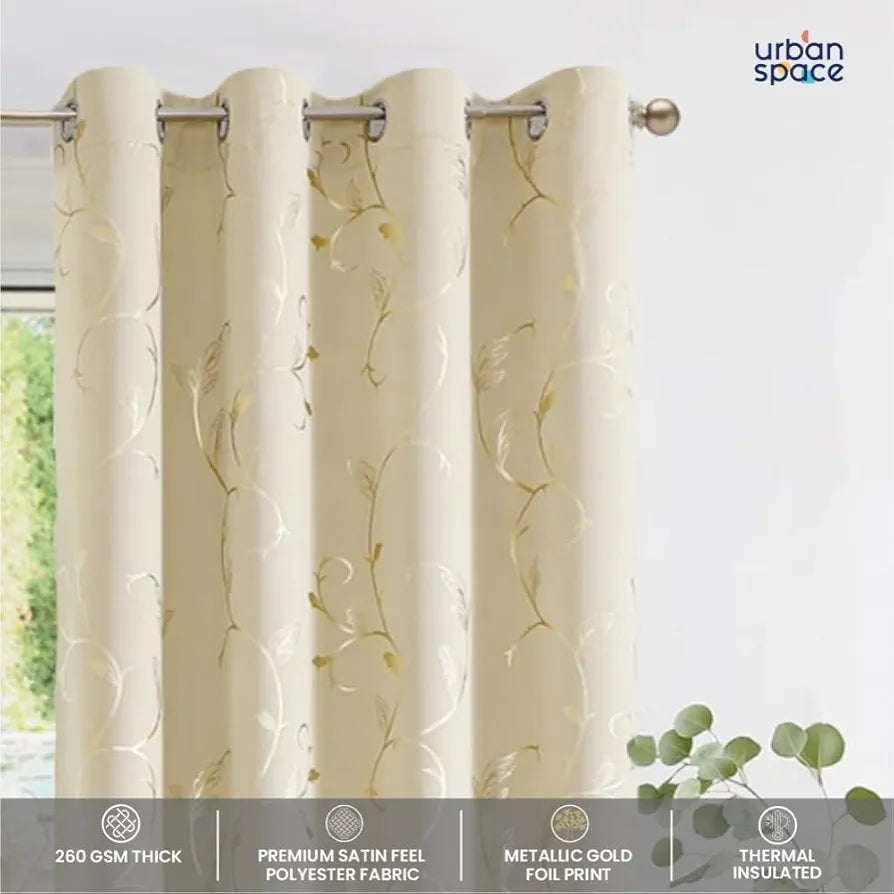 Urban Space Pure Blackout Opaque Curtains For Living Room Gold Foil Printed Luxurious Blackout Opaque Curtains 1 Piece Pack, Floral Vine Beige