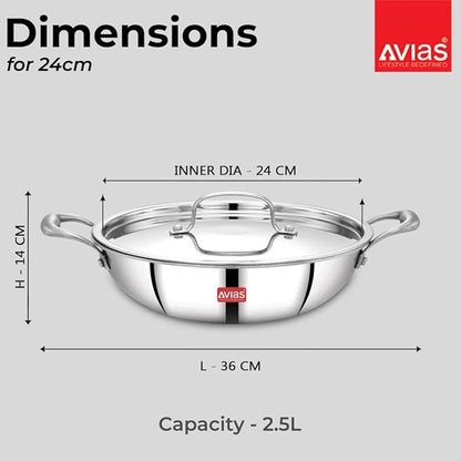 Avias Riara Triply Kadhai with Lid Stainless Steel Kadai 2.5 Mm Thickness 2.5 Litre, 24cm