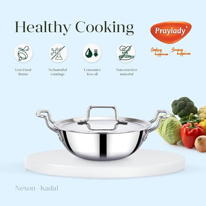 Praylady Nexon Series Triply 22cm 2.1L Kadai with SS Lid Healthy Non Toxic Kadhai for Curry