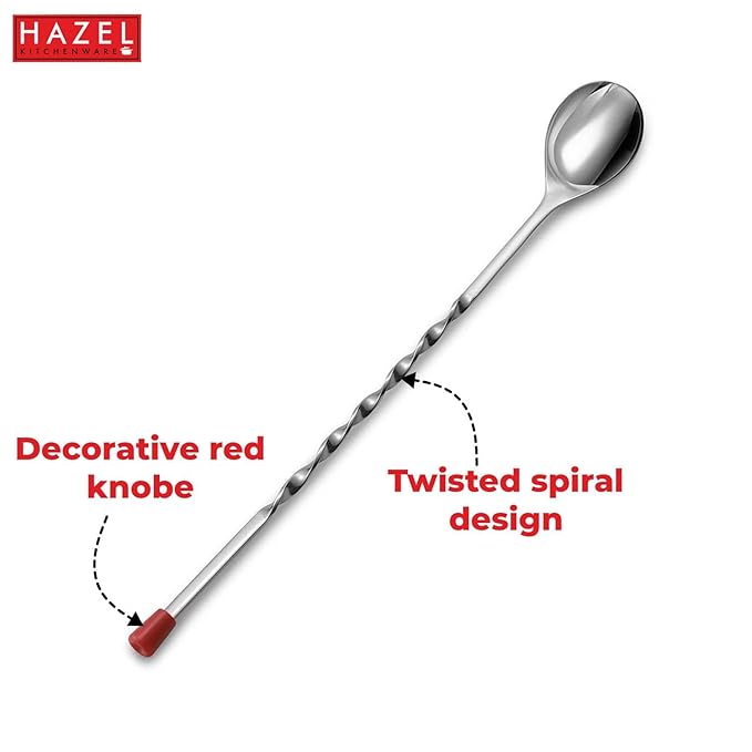 Hazel Satinless Steel Bar Spoon Teardrop Twisted Design Bar Stirrer Bar Spoon with Red Drop