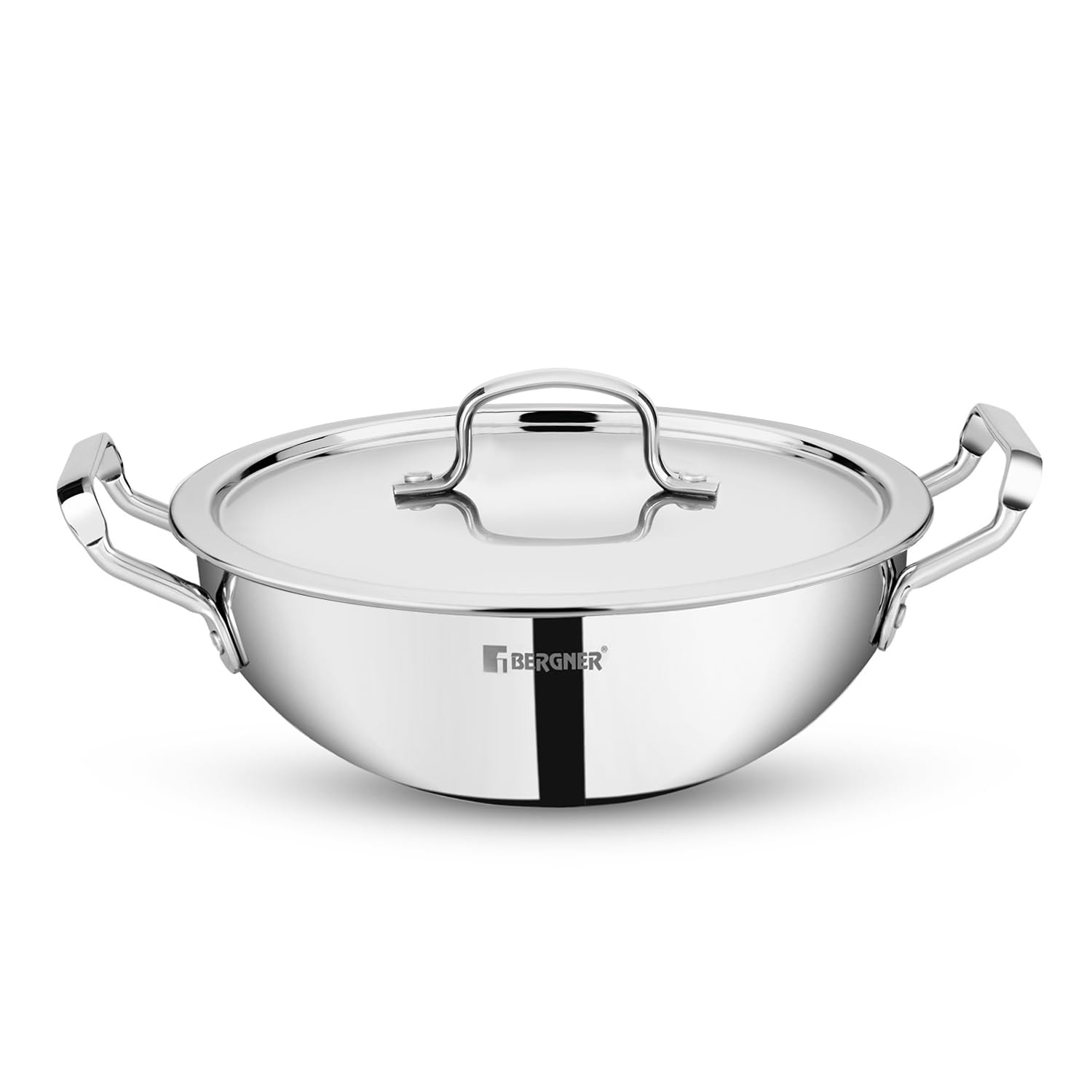 Bergner Tripro Triply 30 Cm Deep Kadai | 6 L Capacity | Stainless Steel Lid | Wide Grip Handles
