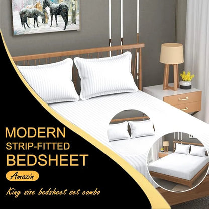 Fresh From Loom 240 TC Satin Striped Soft Bed Covers King Size Bed with Two Pillow Cover Elastic Bedsheet White