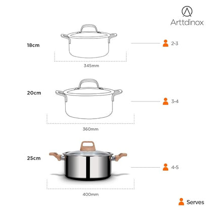Arttdinox Timber Stainless Steel Triply Pot With Glass Lid for Biryani | 20 Cm | 3 Ltrs | Wood Finished Handle | Jindal Stainless