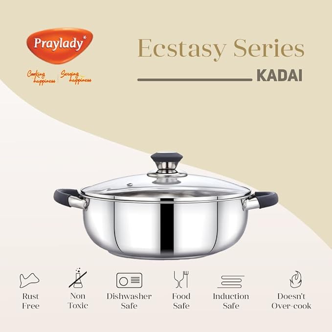 Praylady Stainless Steel 3 Ply Base Kadai with Glass Lid Ecstasy Series Dia 24cm 3.0L