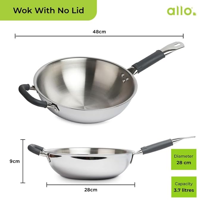 Allo Triply Stainless Steel Wok for Deep Fry Stir Fry Dry Veg 26Cm 3.7 Litre
