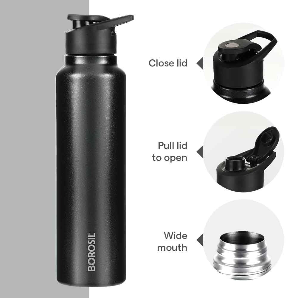 Borosil Sip N Chill Stainless Steel Single Wall Bottle Black 800ml