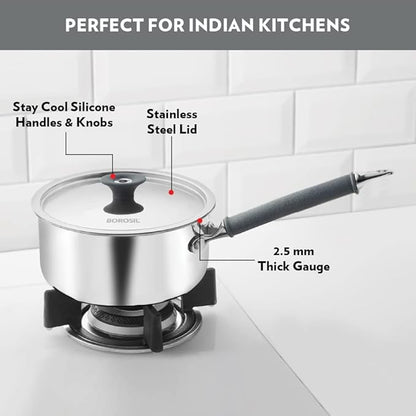 Borosil Cookfresh Tri-ply Stainless Steel Sauce Pan With Lid | Induction Friendly Tea Pan | 2.2 L | 18 Cm