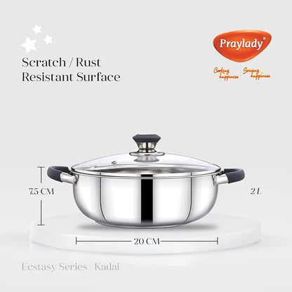 Praylady Stainless Steel 3 Ply Base Kadai with Glass Lid Ecstasy Series Dia 20cm 2.0L