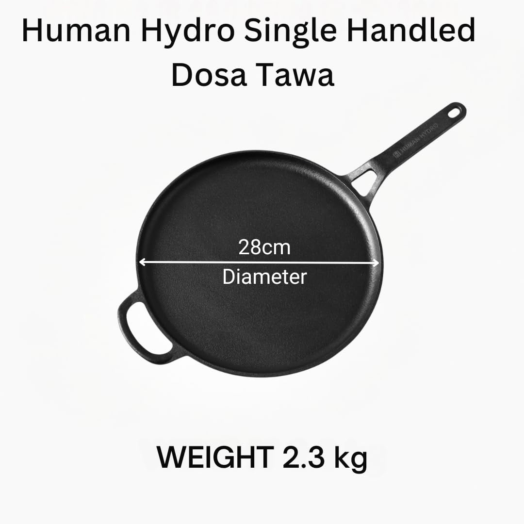 Human Hydro 28cm Cast Iron Tawa with Single Handle Flat Feather-Light Pre-Seasoned Daily Cooking