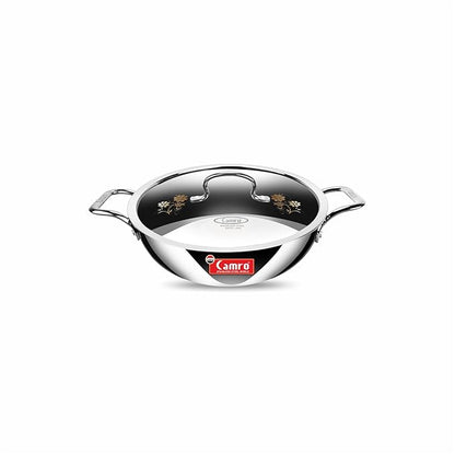 Camro Triply Artisian Kadhai with Lid 20Cm 1.6 Liters kadhai Steel Stainless Kadhai for Deep Frying