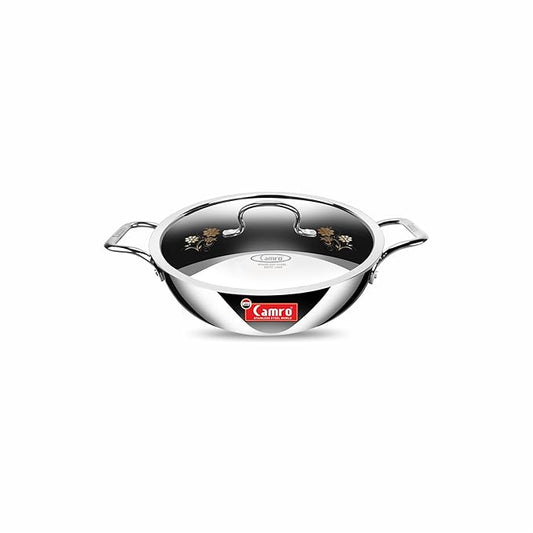 Camro Triply Artisian Kadhai with Lid 20Cm 1.6 Liters kadhai Steel Stainless Kadhai for Deep Frying