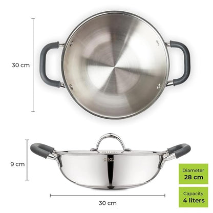 Allo Triply Stainless Steel Kadhai with Handles Perfect Kadhai for Curry 28cm 4 litres Non-Stick with Lid