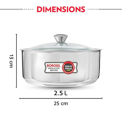 Borosil 2.5 L Stainless Steel Insulated Roti Server | Odur Proof, Food Grade, Toughned Glass Lid, Puf Insulated | Chapati Casserole