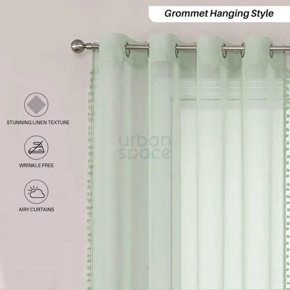 Urban Space Linen Textured Sheer Curtain for Door Room Darkening, Decorative Curtains Hanging Style Set of 2 Curtains Mint Green with pom pom