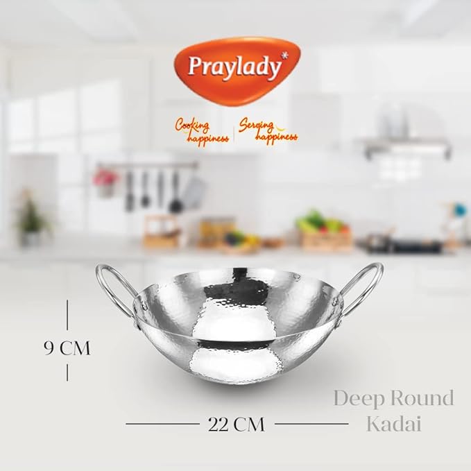 Praylady Stainless Steel Kadai with Handle Traditional Series 2mm Capacity 2 Litre Silver