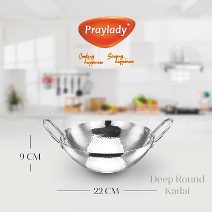 Praylady Stainless Steel Kadai with Handle Traditional Series 2mm Capacity 2 Litre Silver