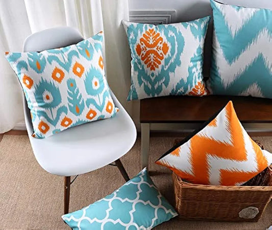 Aerohaven Ikat Style Cushion Covers Teal & Orange Abstract Prints Cotton Decorative Throw Pillows for Sofa & Home
