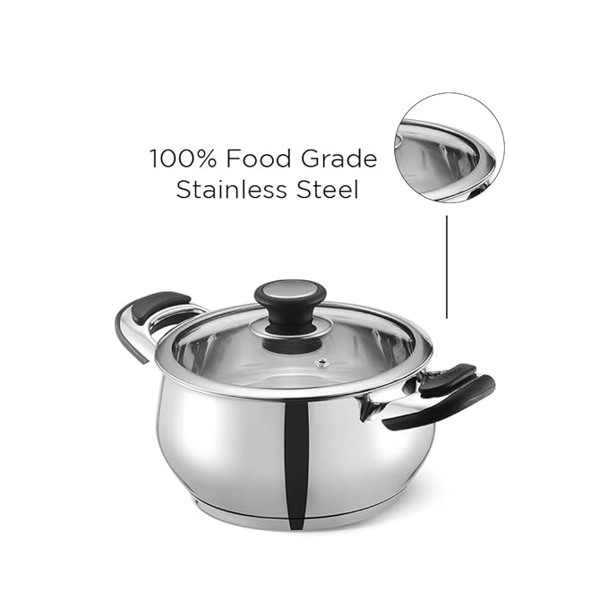 Vinod Durban Stainless Steel Saucepot Handi with Glass Lid - 2 Litre, 16 cm | Stylish Durable Handles